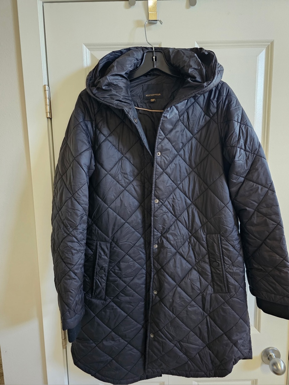 Weatherproof black long quilted jacket